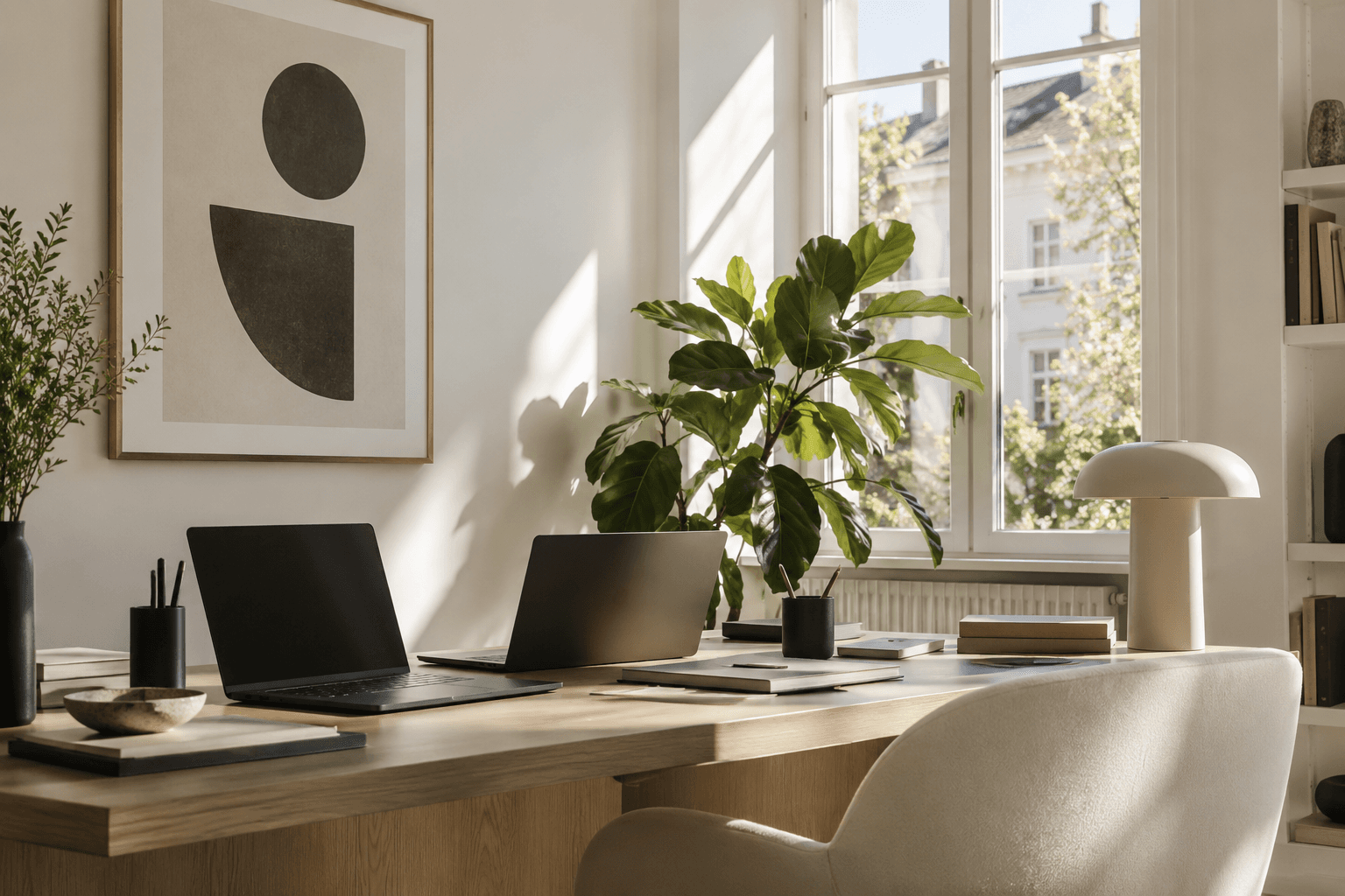 Sunlit product designer workspace with laptops and plants