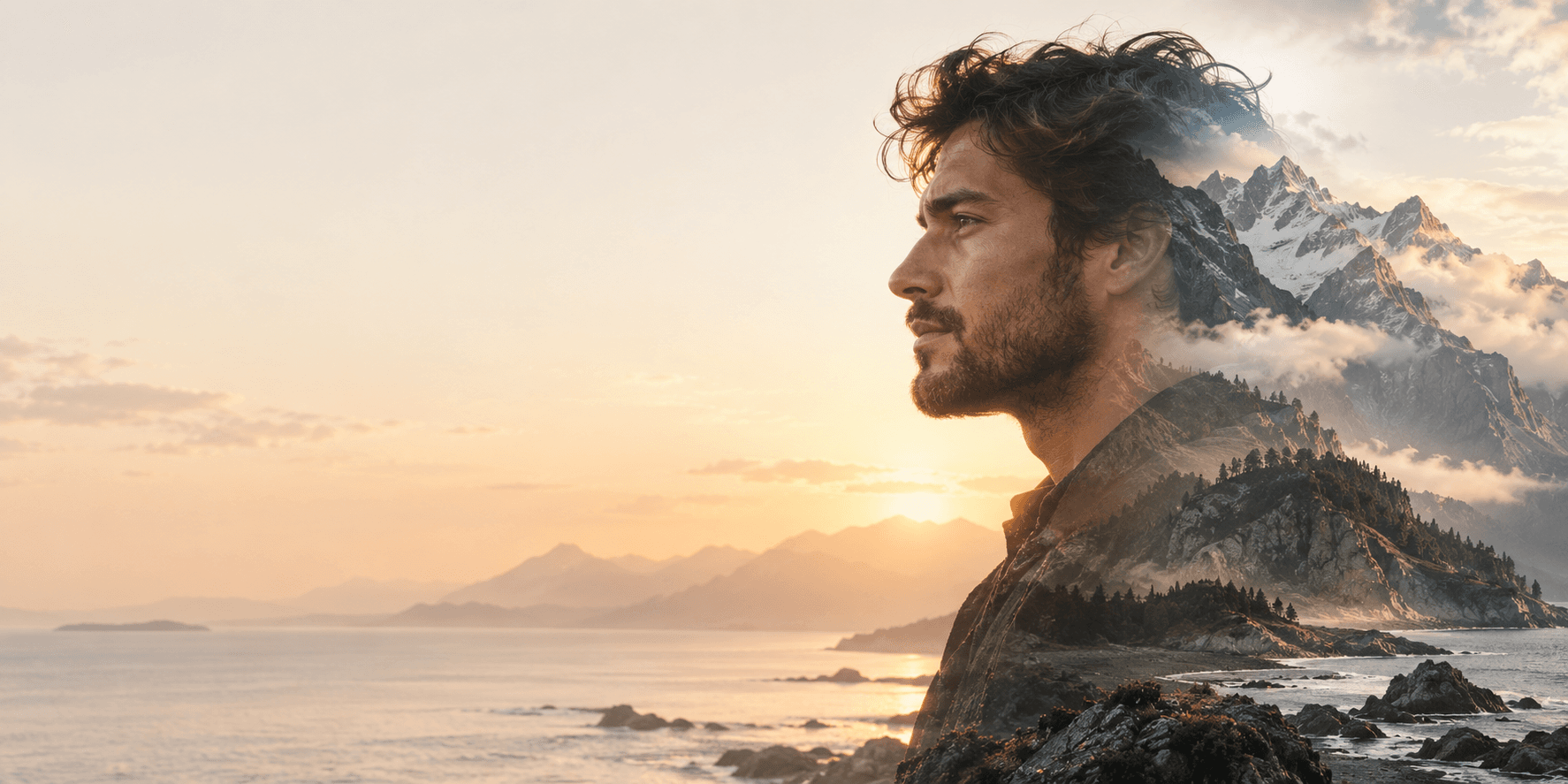 Fictional placeholder portrait of a designer blended with a mountain landscape
